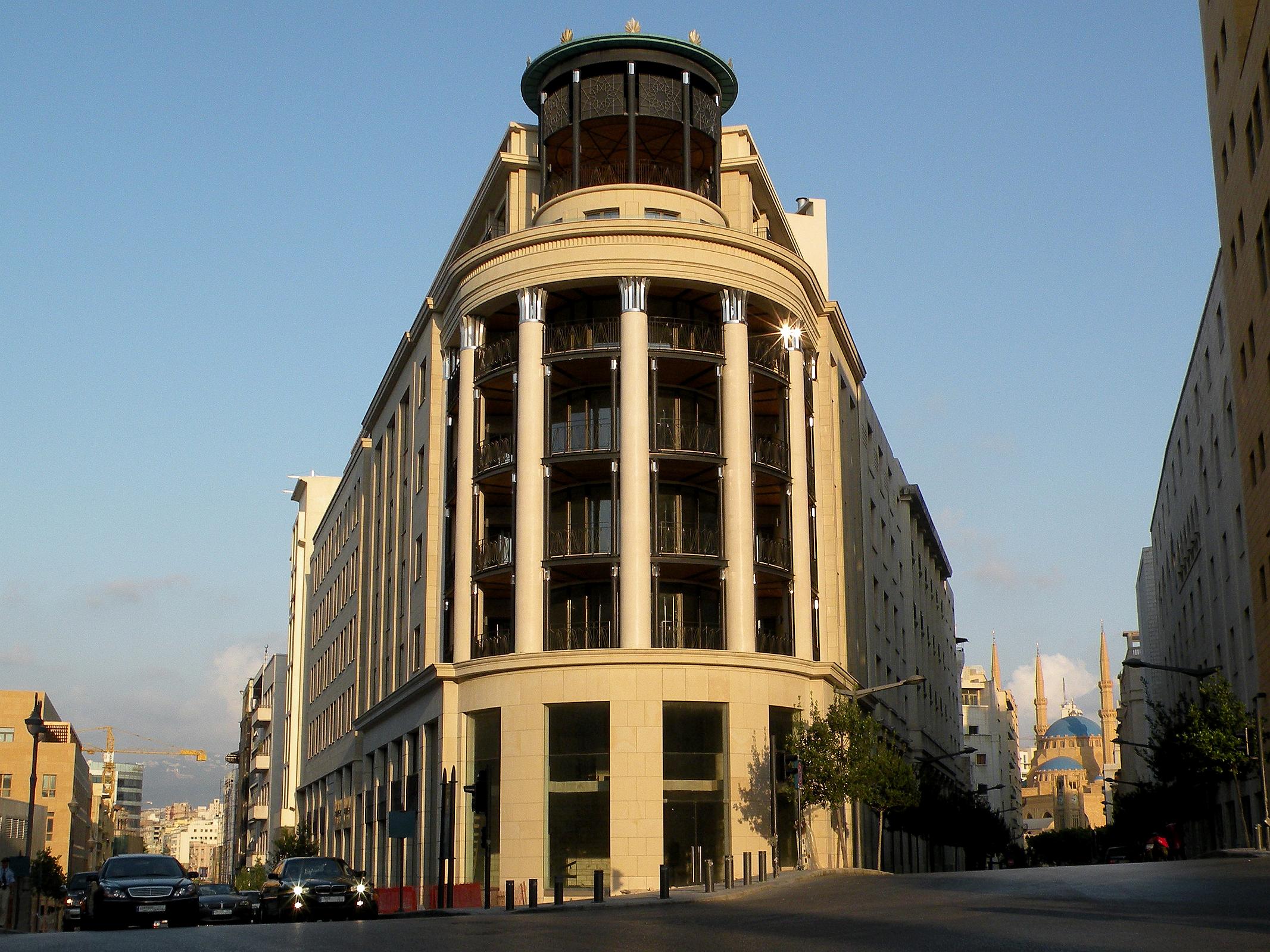 Beirut 41 Semiramis Building At Ancient Bab Idriss Gateway To Old Beirut At Weygand St and Abdul Hamid Karameh Street To Clock Tower In Nejmeh Square Place de L'Etoile With Mohammed Al-Amin Mosque Behind 